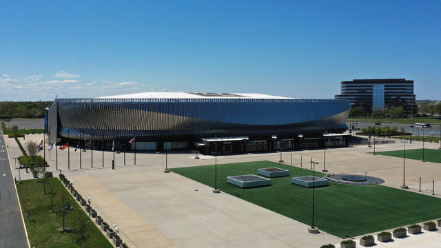 UNIONDALE, NEW YORK - MAY 13: In an aerial view from a drone, this is a general view of the NYCB's LIVE at Nassau Coliseum as photographed on May 13, 2020 in Uniondale, New York.