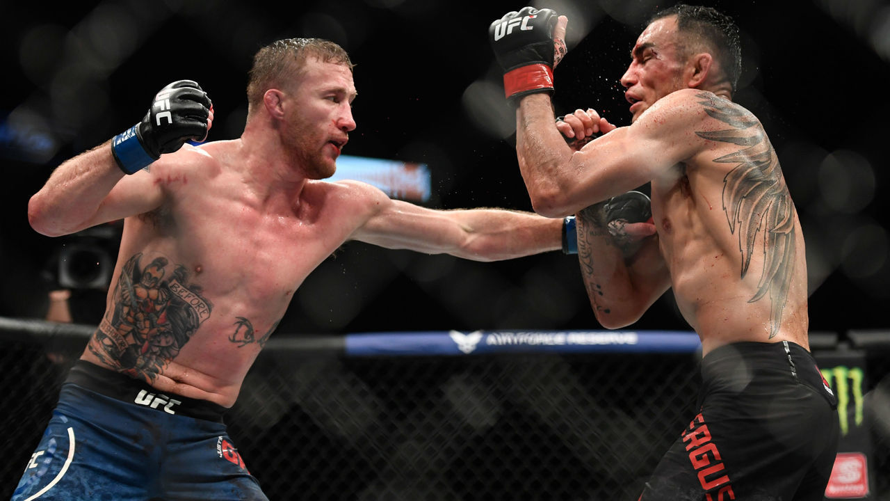 JACKSONVILLE, FL - MAY 09: Justin Gaethje (L) of the United States fights Tony Ferguson (R) of the United States in their Interim lightweight title fight during UFC 249 at VyStar Veterans Memorial Arena on May 9, 2020 in Jacksonville, Florida.