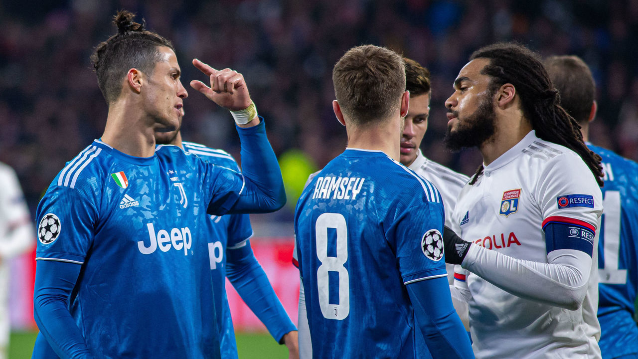 LYON, FRANCE - FEBRUARY 26: #7 Cristiano Ronaldo of Juventus reacts during the UEFA Champions League round of 16 first leg match between Olympique Lyon and Juventus at Parc Olympique on February 26, 2020 in Lyon, France.