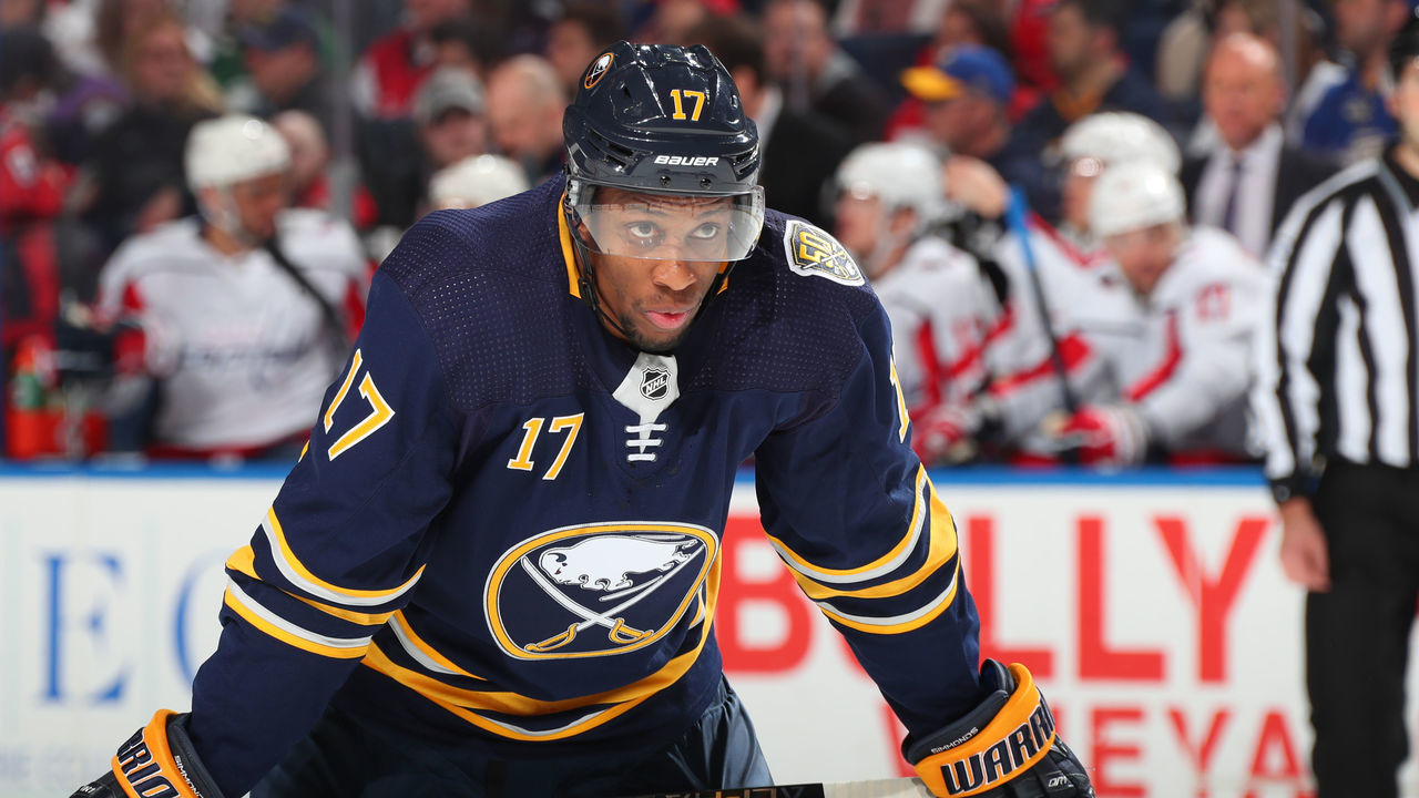 BUFFALO, NY - MARCH 9: Wayne Simmonds #17 of the Buffalo Sabres prepares for a faceoff during an NHL game against the Washington Capitals on March 9, 2020 at KeyBank Center in Buffalo, New York.