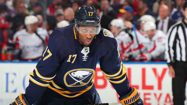 BUFFALO, NY - MARCH 9: Wayne Simmonds #17 of the Buffalo Sabres prepares for a faceoff during an NHL game against the Washington Capitals on March 9, 2020 at KeyBank Center in Buffalo, New York.