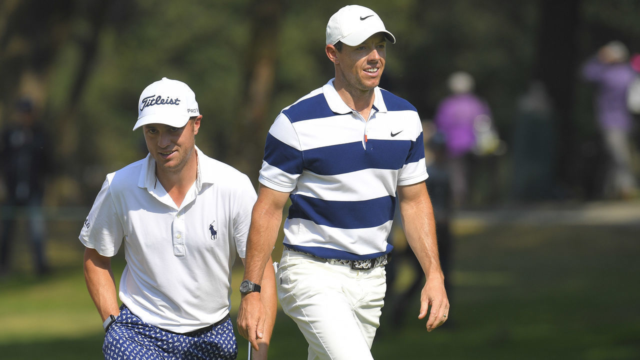 MEXICO CITY, MEXICO - FEBRUARY 22: (L-R) Justin Thomas and Rory Mcllroy approach the 13th green during the third round of the World Golf Championships-Mexico Championship at Club de Golf Chapultepec on February 22, 2020 in Mexico City, Mexico.
