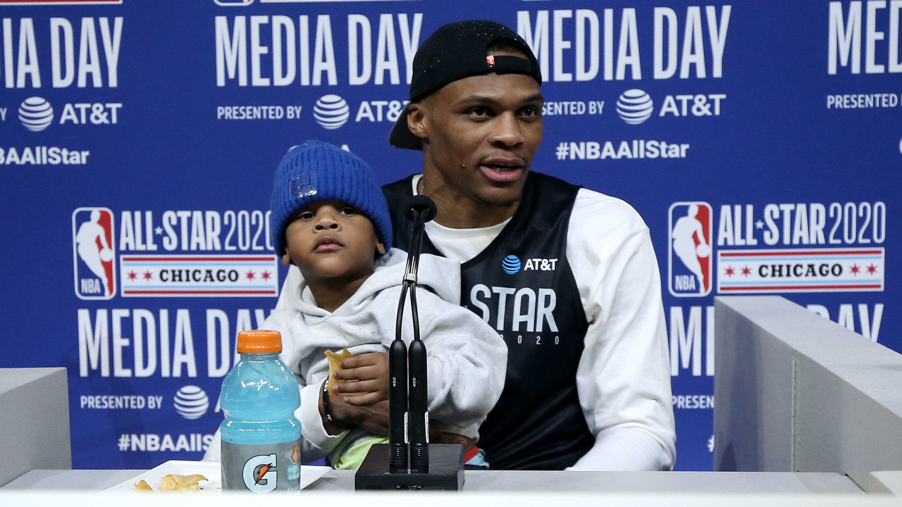 CHICAGO, ILLINOIS - FEBRUARY 15: Russell Westbrook #0 of Team Lebron speaks to the media with his son Noah during 2020 NBA All-Star - Practice & Media Day at Wintrust Arena on February 15, 2020 in Chicago, Illinois.