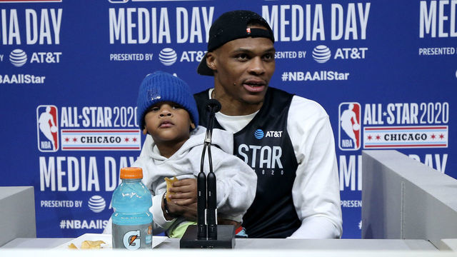 CHICAGO, ILLINOIS - FEBRUARY 15: Russell Westbrook #0 of Team Lebron speaks to the media with his son Noah during 2020 NBA All-Star - Practice & Media Day at Wintrust Arena on February 15, 2020 in Chicago, Illinois.