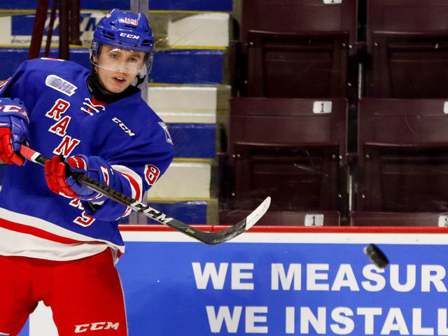 WINDSOR, ON - SEPTEMBER 29: Forward Eric Guest #89 of the Kitchener Rangers skates prior to a game against the Windsor Spitfires on September 29, 2018 at the WFCU Centre in Windsor, Ontario, Canada.