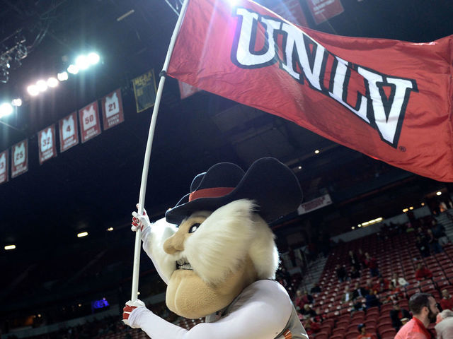 LAS VEGAS, NV - FEBRUARY 21: UNLV Rebels mascot Hey Reb runs onto the court with the UNLV flag before the team's game against the Fresno State Bulldogs at the Thomas & Mack Center on February 21, 2018 in Las Vegas, Nevada.