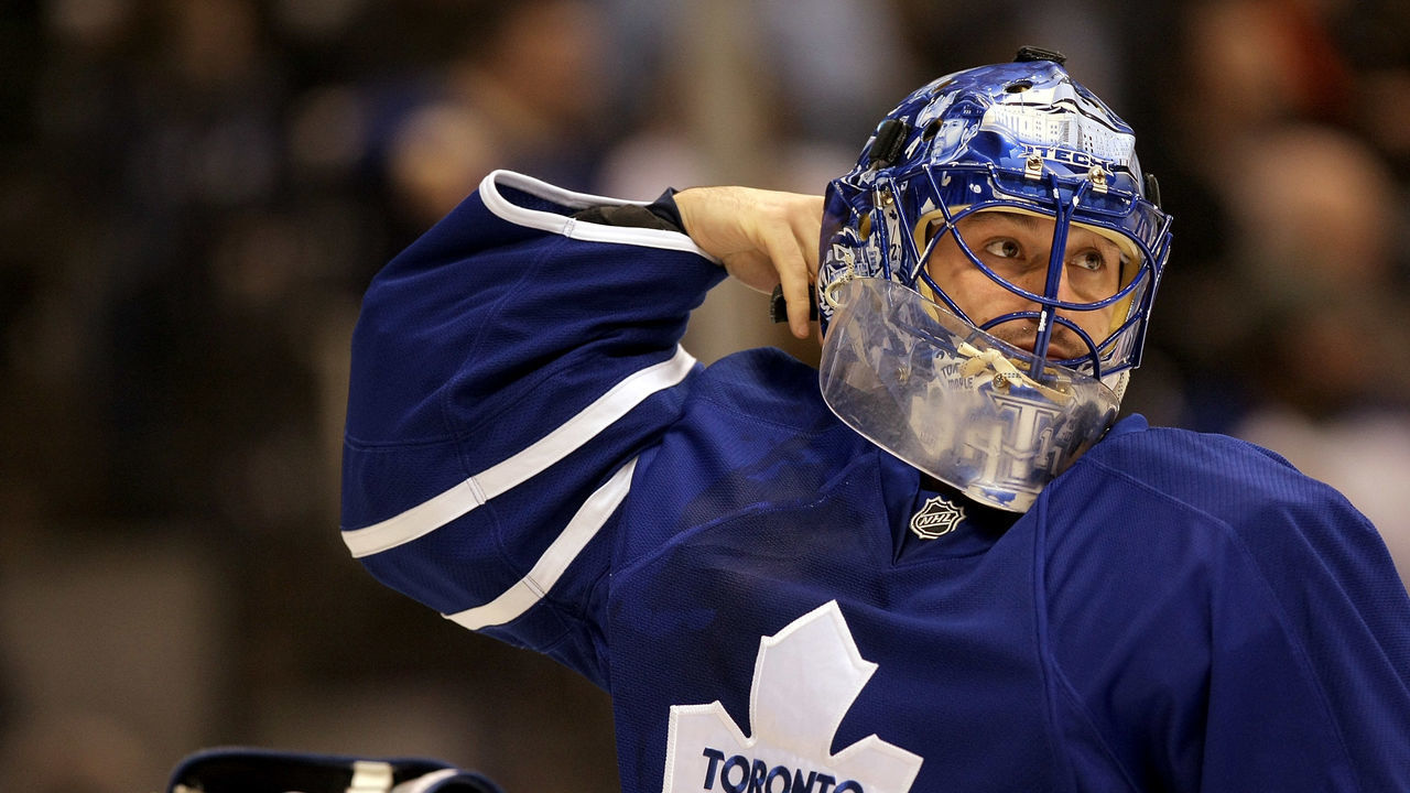 TORONTO, ON - DECEMBER 29: Goaltender Andrew Raycroft #1 of the Toronto Maple Leafs adjusts his jersey during the first period of the game against the New York Rangers at the Air Canada Centre on December 29, 2007 in Toronto, Canada.