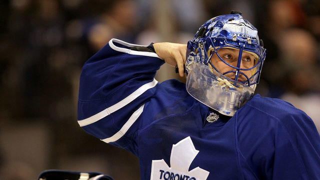 TORONTO, ON - DECEMBER 29: Goaltender Andrew Raycroft #1 of the Toronto Maple Leafs adjusts his jersey during the first period of the game against the New York Rangers at the Air Canada Centre on December 29, 2007 in Toronto, Canada.