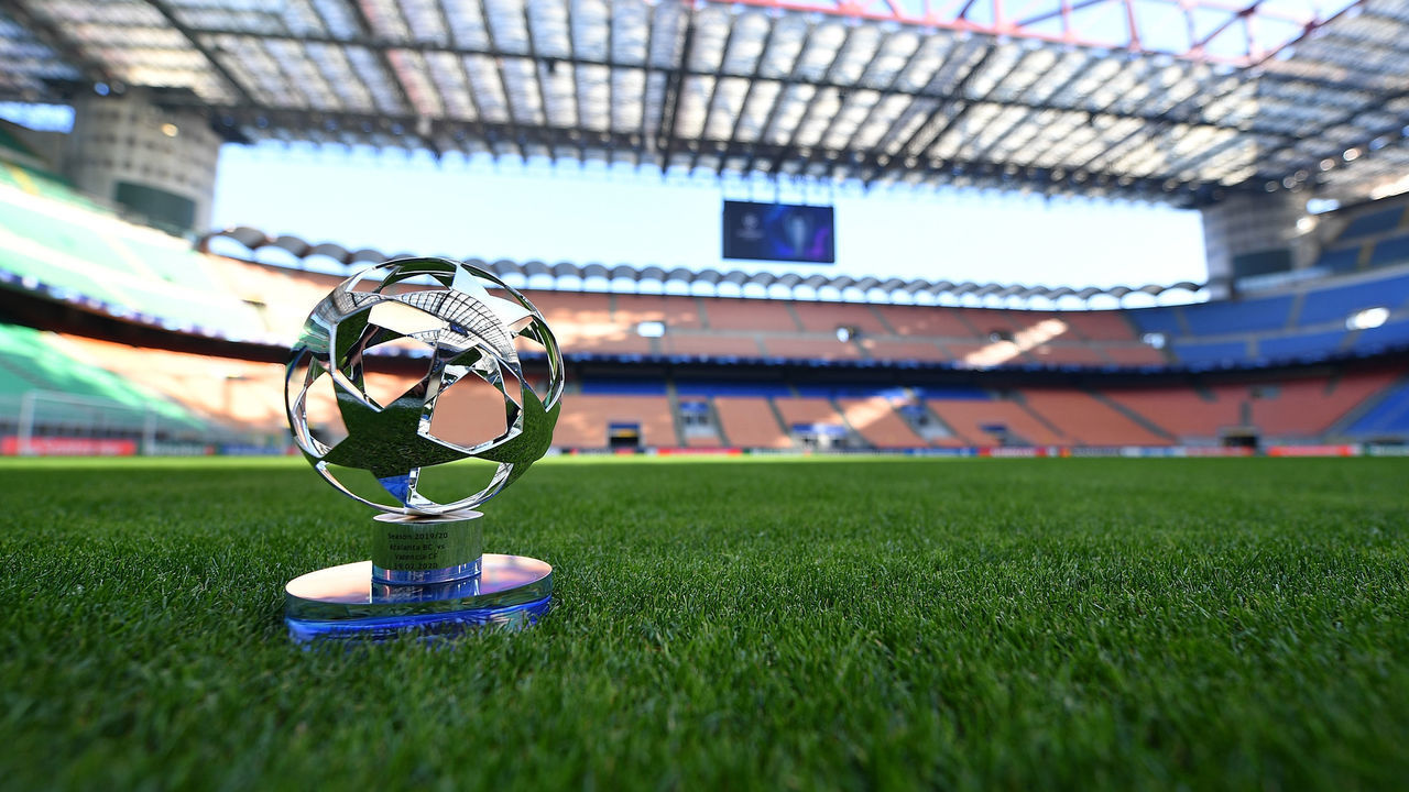 MILAN, ITALY - FEBRUARY 19: The MOTM trophy is display ahead the UEFA Champions League round of 16 first leg match between Atalanta and Valencia CF at San Siro Stadium on February 19, 2020 in Milan, Italy.