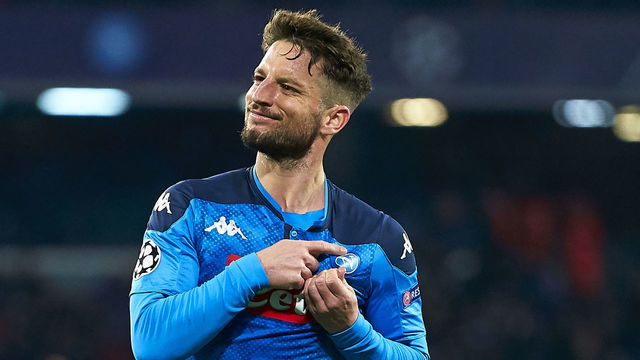 NAPLES, ITALY - FEBRUARY 25: Dries Mertens of SSC Napoli celebrating their team's first goal during the UEFA Champions League round of 16 first leg match between SSC Napoli and FC Barcelona at Stadio San Paolo on February 25, 2020 in Naples, Italy.