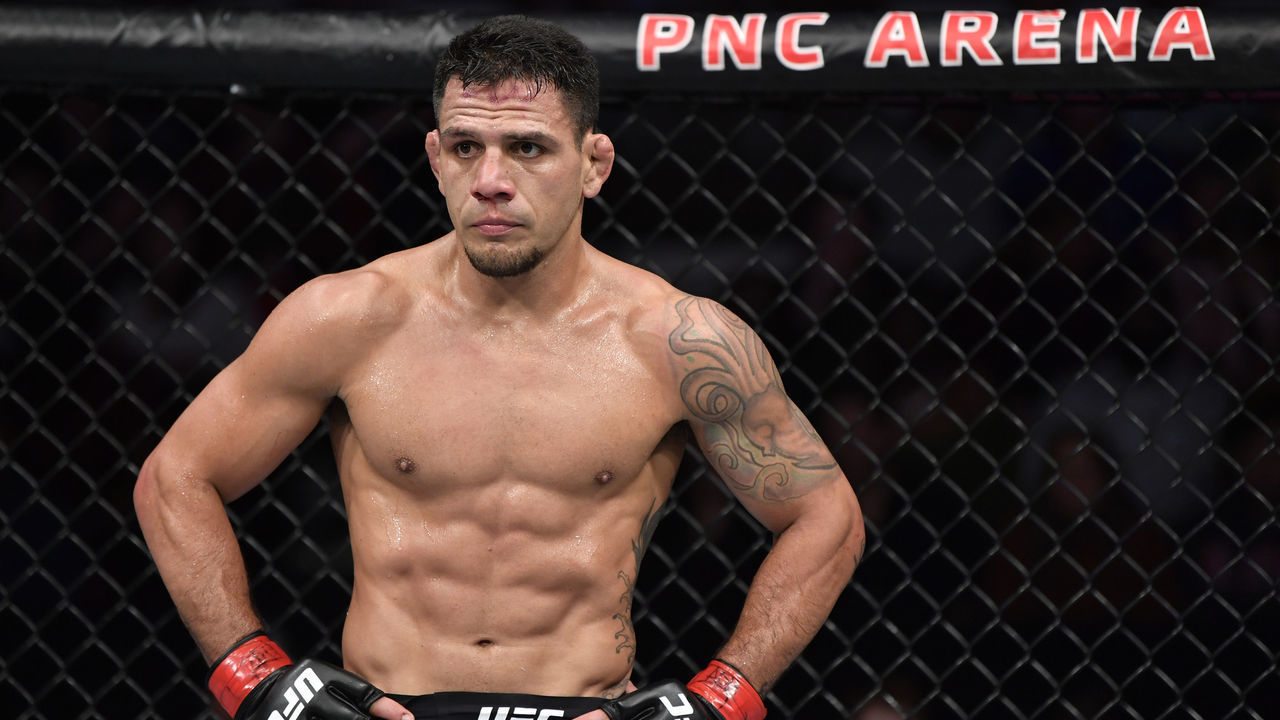 RALEIGH, NORTH CAROLINA - JANUARY 25: Rafael Dos Anjos of Brazil stands in his corner between rounds of his welterweight fight against Michael Chiesa during the UFC Fight Night event at PNC Arena on January 25, 2020 in Raleigh, North Carolina.