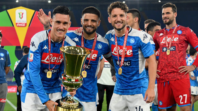 ROME, ITALY - JUNE 17: José Maria Callejon, Lorenzo Insigne and Dries Mertens of SSC Napoli celebrating with the trophy the winning of the Coppa Italia after the Coppa Italia Final match between Juventus and SSC Napoli winner at Olimpico Stadium on June 17, 2020 in Rome, Italy.