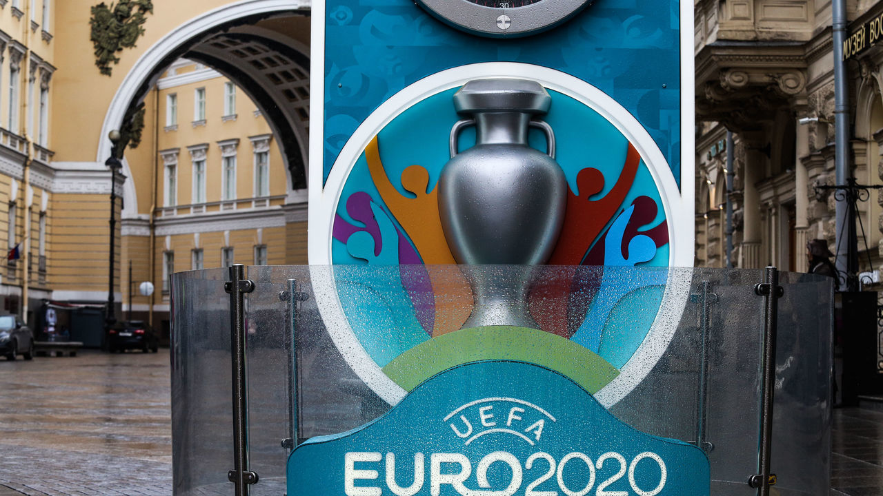 Clock showing the start time of the Euro 2020 football championship in the center of Saint Petersburg. The championship was postponed for a year due to the coronavirus epidemic. Saint Petersburg, Russia 16 March 2020