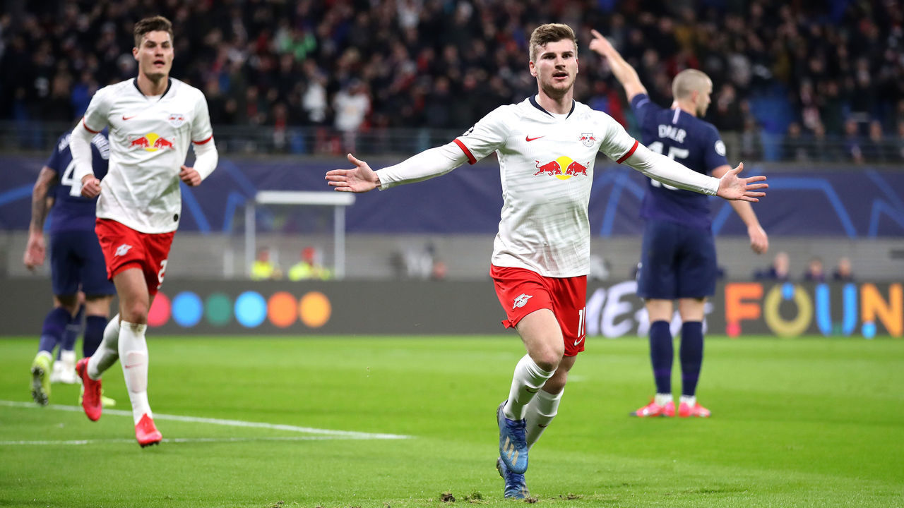 LEIPZIG, GERMANY - MARCH 10: Timo Werner of RB Leipzig celebrates after scoring a goal which was later disallowed during the UEFA Champions League round of 16 second leg match between RB Leipzig and Tottenham Hotspur at Red Bull Arena on March 10, 2020 in Leipzig, Germany.