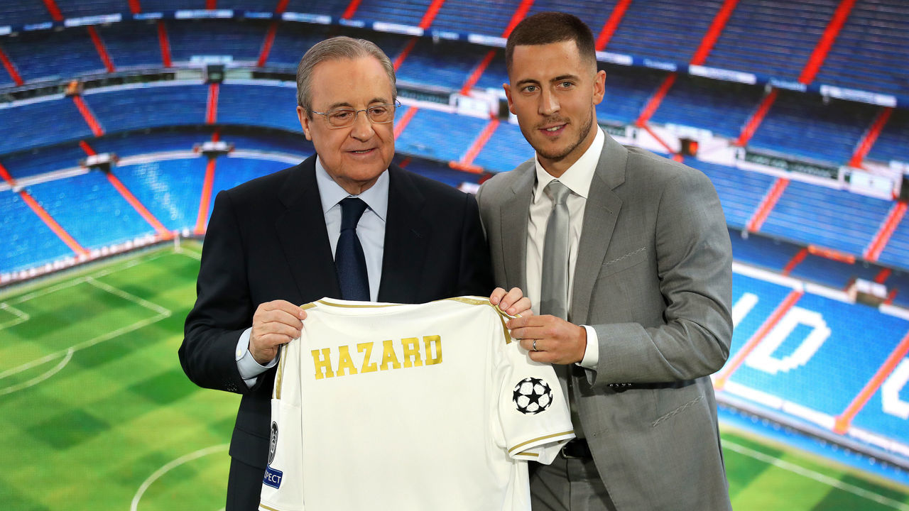MADRID, SPAIN - JUNE 13: New Real Madrid signing Eden Hazard is unveiled by Florentino Perez, President of Real Madrid at Estadio Santiago Bernabeu on June 13, 2019 in Madrid, Spain.
