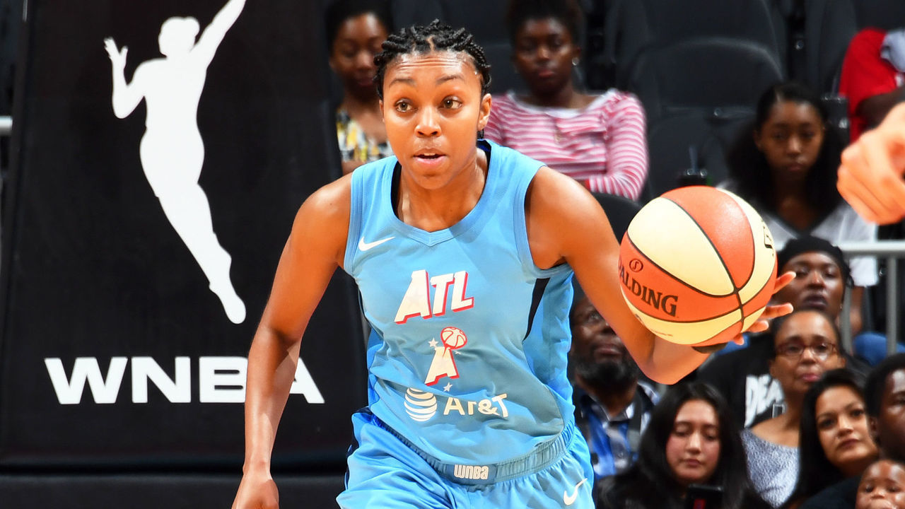 ATLANTA, GA - SEPTEMBER 5: Renee Montgomery #21 of the Atlanta Dream handles the ball during the game against the Las Vegas Aces on September 5, 2019 at the State Farm Arena in Atlanta, Georgia. Mandatory Copyright Notice: Copyright 2019 NBAE