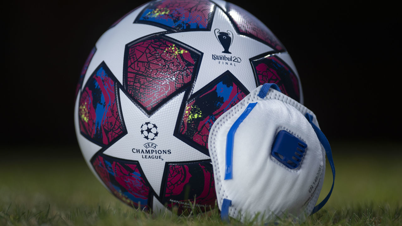 MANCHESTER, ENGLAND - APRIL 7: The official UEFA Champions League Matchball for Istanbul 2020 with a protective face mask on April 7, 2020 in Manchester, England. There have been over 60,000 reported cases of the COVID-19 coronavirus in the United Kingdom and over 7,000 deaths. The country is in its third week of lockdown measures aimed at slowing the spread of the virus.