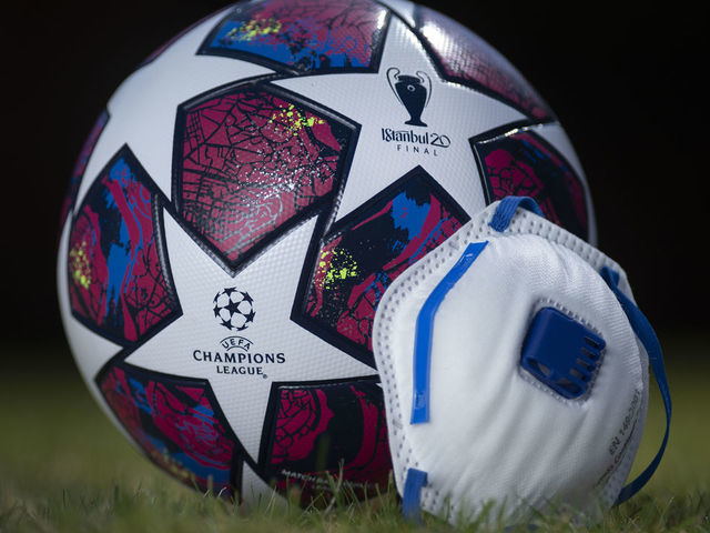 MANCHESTER, ENGLAND - APRIL 7: The official UEFA Champions League Matchball for Istanbul 2020 with a protective face mask on April 7, 2020 in Manchester, England. There have been over 60,000 reported cases of the COVID-19 coronavirus in the United Kingdom and over 7,000 deaths. The country is in its third week of lockdown measures aimed at slowing the spread of the virus.