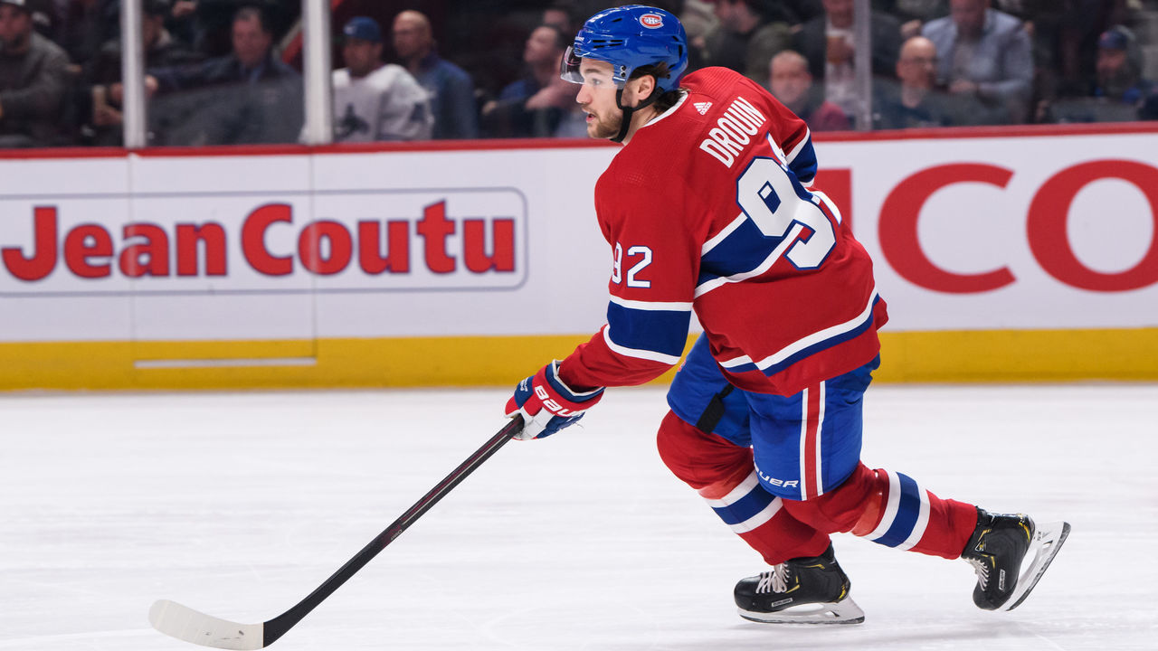 MONTREAL, QC - FEBRUARY 25: Jonathan Drouin (92) of the Montreal Canadiens skates with the puck during the second period of the NHL game between the Vancouver Canucks and the Montreal Canadiens on February 25, 2020, at the Bell Centre in Montreal, QC