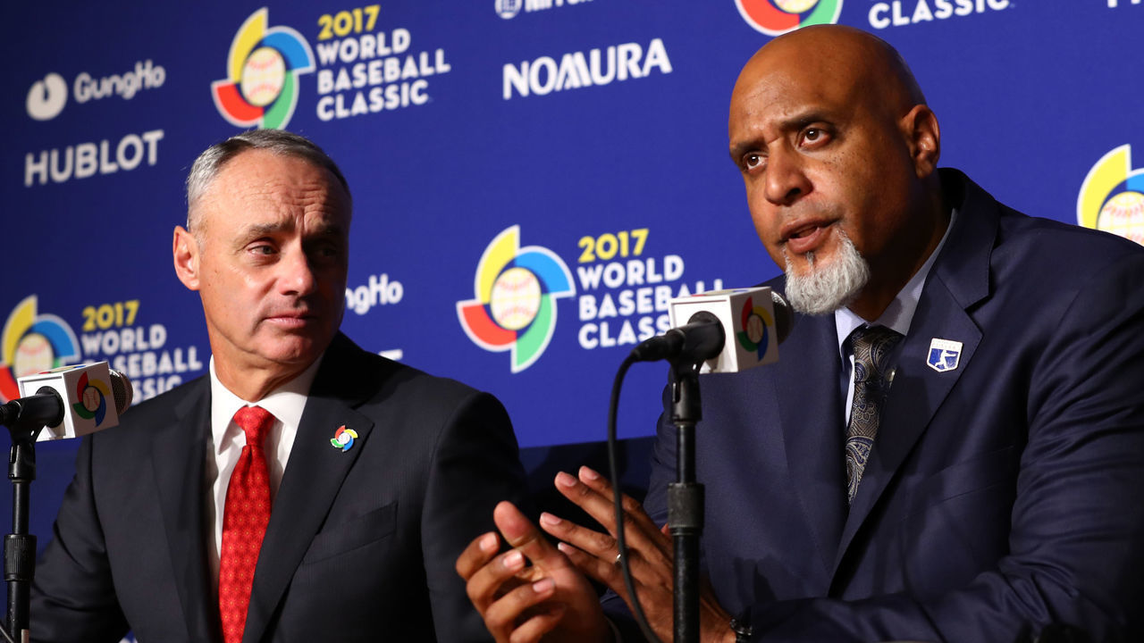 LOS ANGELES, CA - MARCH 22: Major League Baseball Commissioner Robert D. Manfred Jr. and Major League Baseball Players Association Executive Director Tony Clark speak during a press conference before Game 3 of the Championship Round of the 2017 World Baseball Classic between Team USA and Team Puerto Rico on Wednesday, March 22, 2017 at Dodger Stadium in Los Angeles, California.
