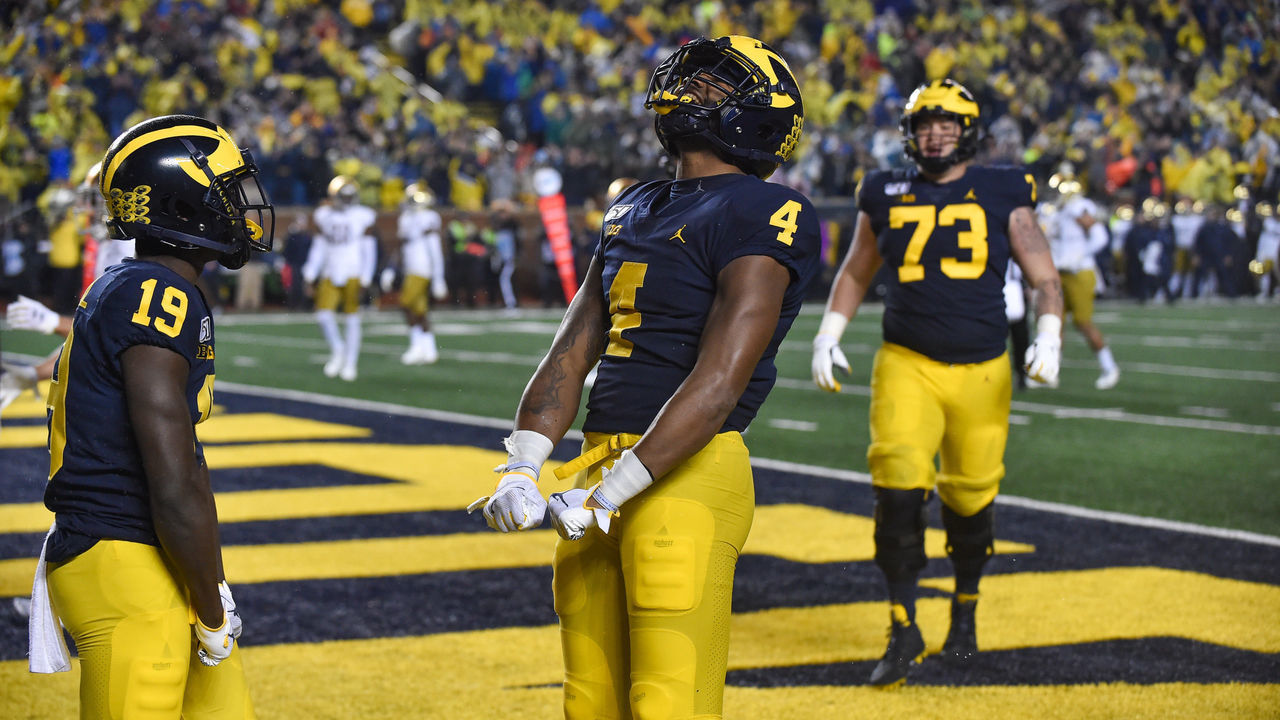 ANN ARBOR, MICHIGAN - OCTOBER 26: Nico Collins #4 of the Michigan Wolverines celebrates after scoring a touchdown during a college football game against the Notre Dame Fighting Irish at Michigan Stadium on October 26, 2019 in Ann Arbor, Michigan.