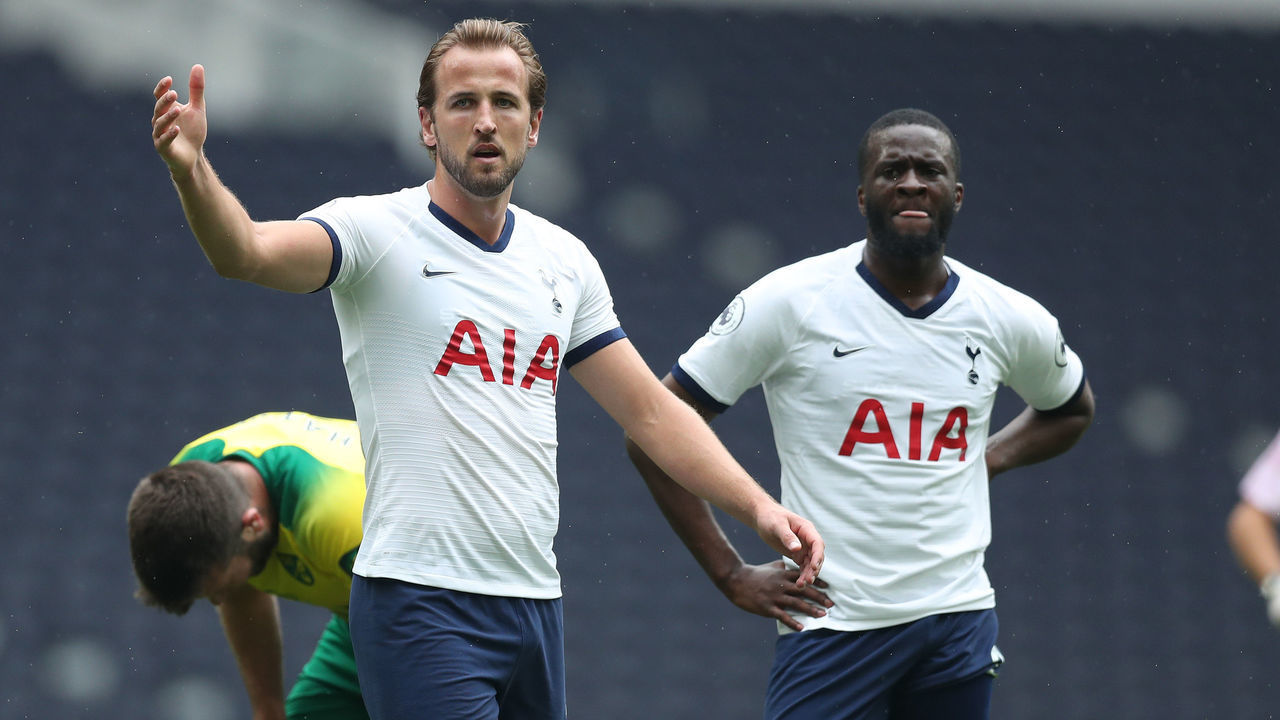 LONDON, ENGLAND - JUNE 12: Harry Kane and Tanguy Ndombele of Tottenham Hotspur during the friendly practice match between Tottenham Hotspur and Norwich City at Tottenham Hotspur Stadium on June 12, 2020 in London, England.