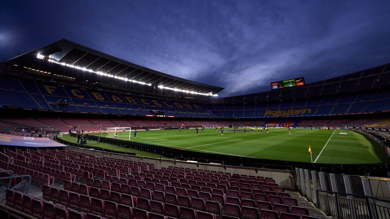 BARCELONA, SPAIN - JUNE 16: General view of the stadium as players warm up ahead of the La Liga match between FC Barcelona and CD Leganes at Camp Nou on June 16, 2020 in Barcelona, Spain.