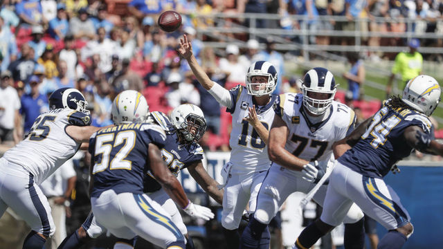 LOS ANGELES, CA - SEPTEMBER 23: Rams quarterack Jared Goff delivers a pass during first half action against the Chargers at the LA Memorial Coliseum on September 23, 2018 in Los Angeles, California.