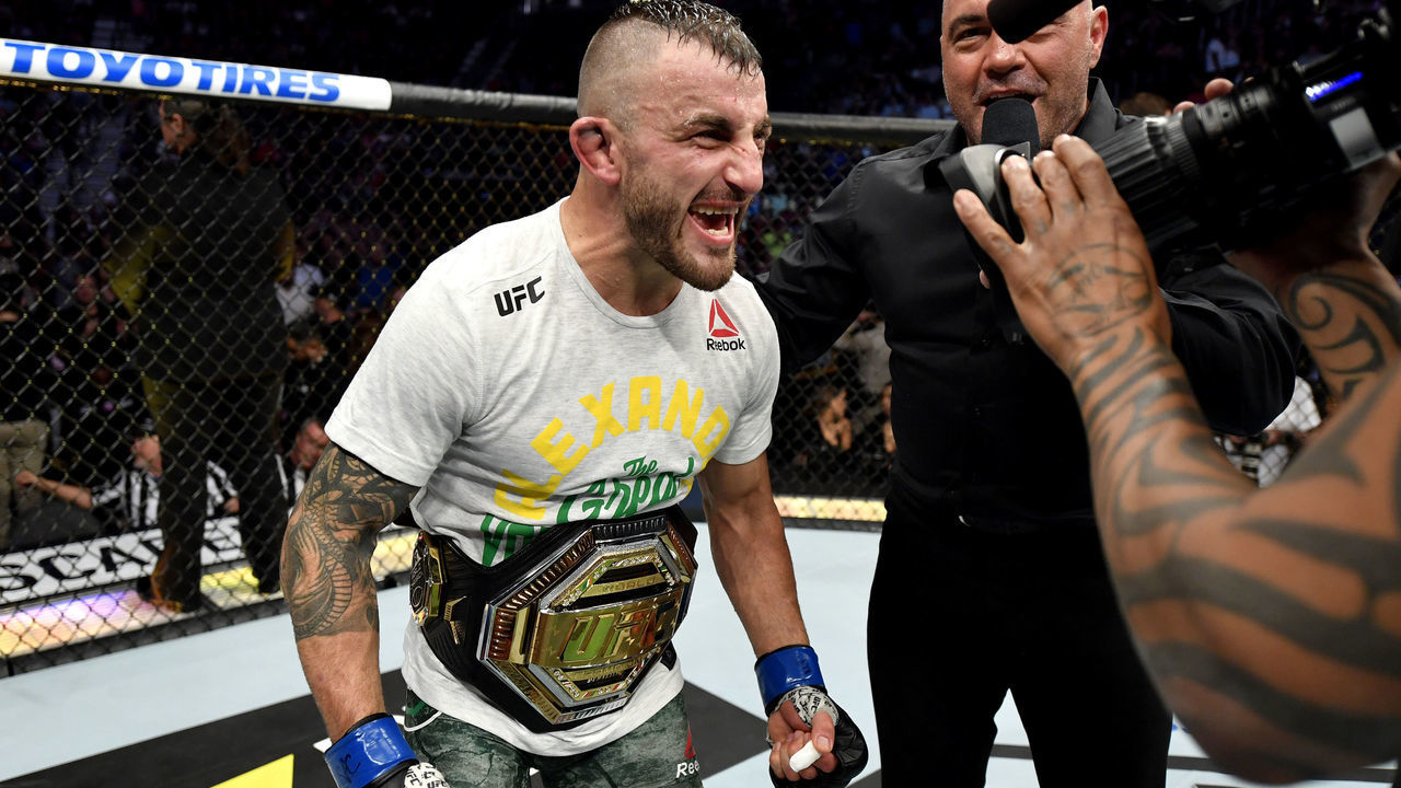 LAS VEGAS, NEVADA - DECEMBER 14: Alexander Volkanovski of Australia celebrates his win during the UFC 245 event at T-Mobile Arena on December 14, 2019 in Las Vegas, Nevada.