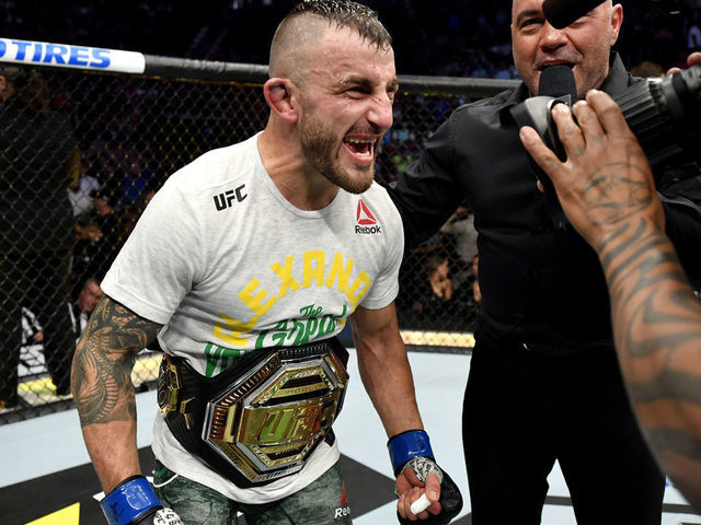 LAS VEGAS, NEVADA - DECEMBER 14: Alexander Volkanovski of Australia celebrates his win during the UFC 245 event at T-Mobile Arena on December 14, 2019 in Las Vegas, Nevada.