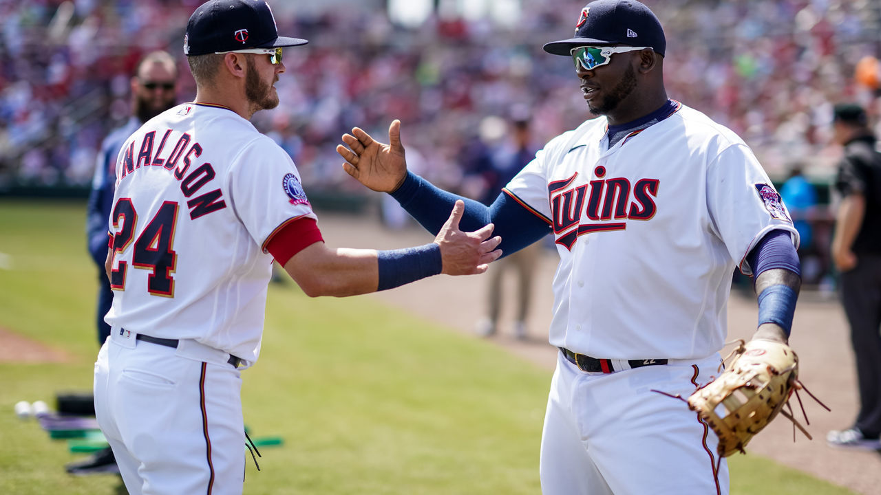FORT MYERS, FL- MARCH 09: Josh Donaldson #24 and Miguel Sano #22 of the Minnesota Twins prior to a spring training game between the Minnesota Twins and St. Louis Cardinals on March 9, 2020 at Hammond Stadium in Fort Myers, Florida.