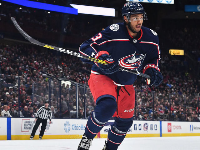 COLUMBUS, OH - FEBRUARY 7: Seth Jones #3 of the Columbus Blue Jackets skates against the Detroit Red Wings on February 7, 2020 at Nationwide Arena in Columbus, Ohio.