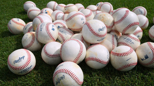 LAKELAND, FL - FEBRUARY 17: A detailed view of a group of Rawlings official Major League baseballs sitting on the field during the Detroit Tigers Spring Training workouts at the TigerTown Facility on February 17, 2020 in Lakeland, Florida.