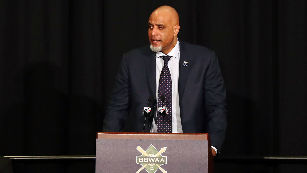 NEW YORK, NY - JANUARY 28: Tony Clark, Executive Director of the MLBPA, speaks during the 2018 Baseball Writers' Association of America awards dinner on Sunday, January 28, 2018 at the Sheraton Times Square hotel in New York City.