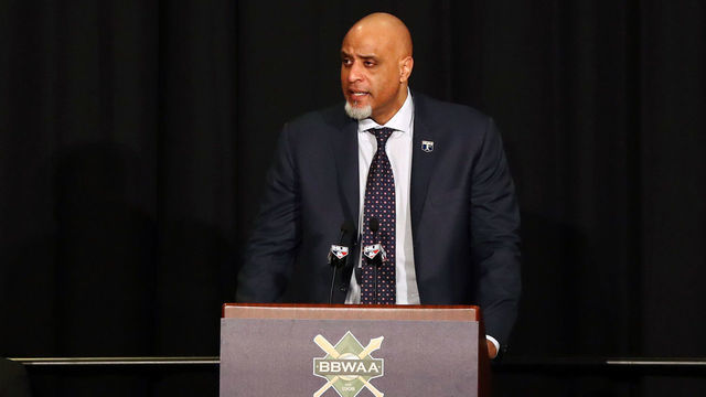 NEW YORK, NY - JANUARY 28: Tony Clark, Executive Director of the MLBPA, speaks during the 2018 Baseball Writers' Association of America awards dinner on Sunday, January 28, 2018 at the Sheraton Times Square hotel in New York City.