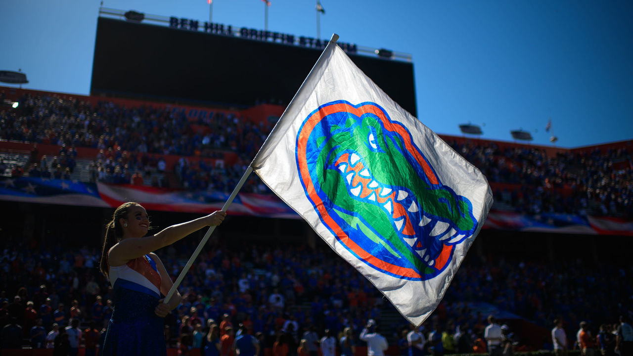 GAINESVILLE, FL - NOVEMBER 25: A detailed view of a Florida Gators flag before the game against the Florida State Seminoles at Ben Hill Griffin Stadium on November 25, 2017 in Gainesville, Florida.