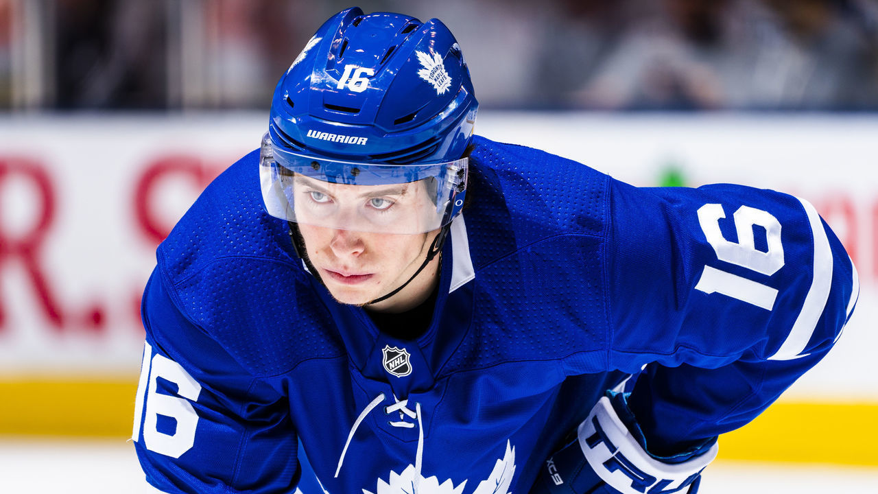 TORONTO, ON - MARCH 10: Mitch Marner #16 of the Toronto Maple Leafs looks on agianst the Tampa Bay Lightning during the first period at the Scotiabank Arena on March 10, 2020 in Toronto, Ontario, Canada.