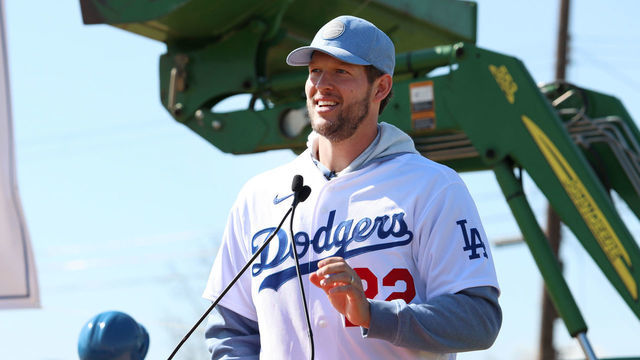 COMPTON, CALIFORNIA - FEBRUARY 12: Los Angeles Dodgers Pitcher Clayton Kershaw speaks at the Los Angeles Dodgers foundation, Kershaw's challenge and the city of Compton host Dodgers Dreamfields groundbreaking at Gonzales Park on February 12, 2020 in Compton, California.