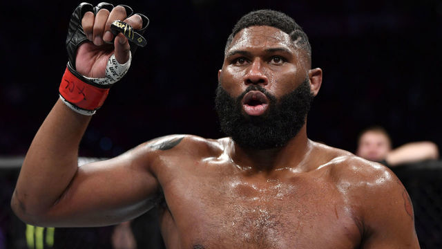RALEIGH, NORTH CAROLINA - JANUARY 25: Curtis Blaydes reacts after his knockout victory over Junior Dos Santos in their heavyweight fight during the UFC Fight Night event at PNC Arena on January 25, 2020 in Raleigh, North Carolina.