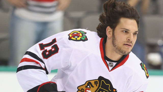 DALLAS, TX - OCTOBER 09: Daniel Carcillo #13 of the Chicago Blackhawks at American Airlines Center on October 9, 2014 in Dallas, Texas.