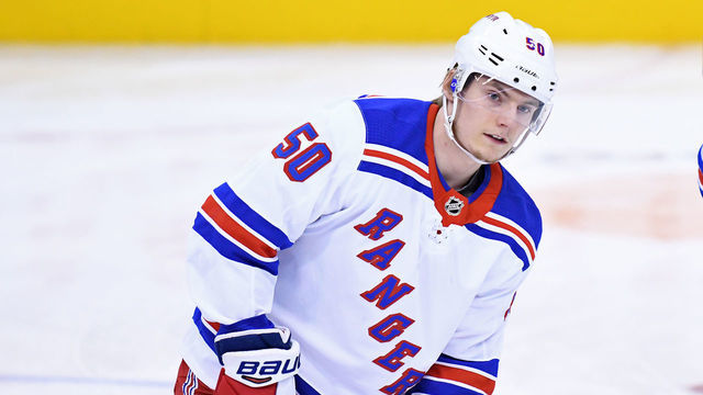 TORONTO, ON - MARCH 23: New York Rangers Center Lias Andersson (50) in warmups prior to the regular season NHL game between the New York Rangers and Toronto Maple Leafs on March 23, 2019 at Scotiabank Arena in Toronto, ON.