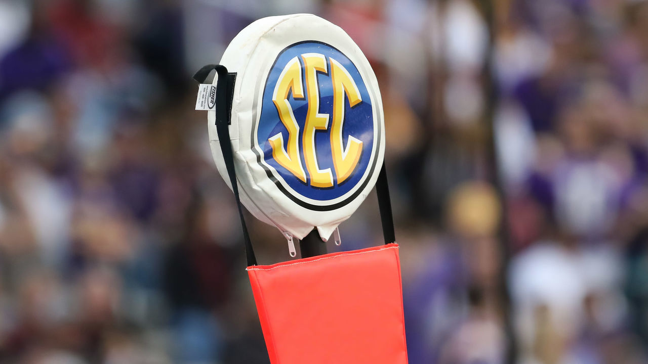STARKVILLE, MS - OCTOBER 19: The SEC logo can be seen at the game between the LSU Tigers and the Mississippi State Bulldogs on October 19, 2019 at Davis Wade Stadium in Starkville, Mississippi.