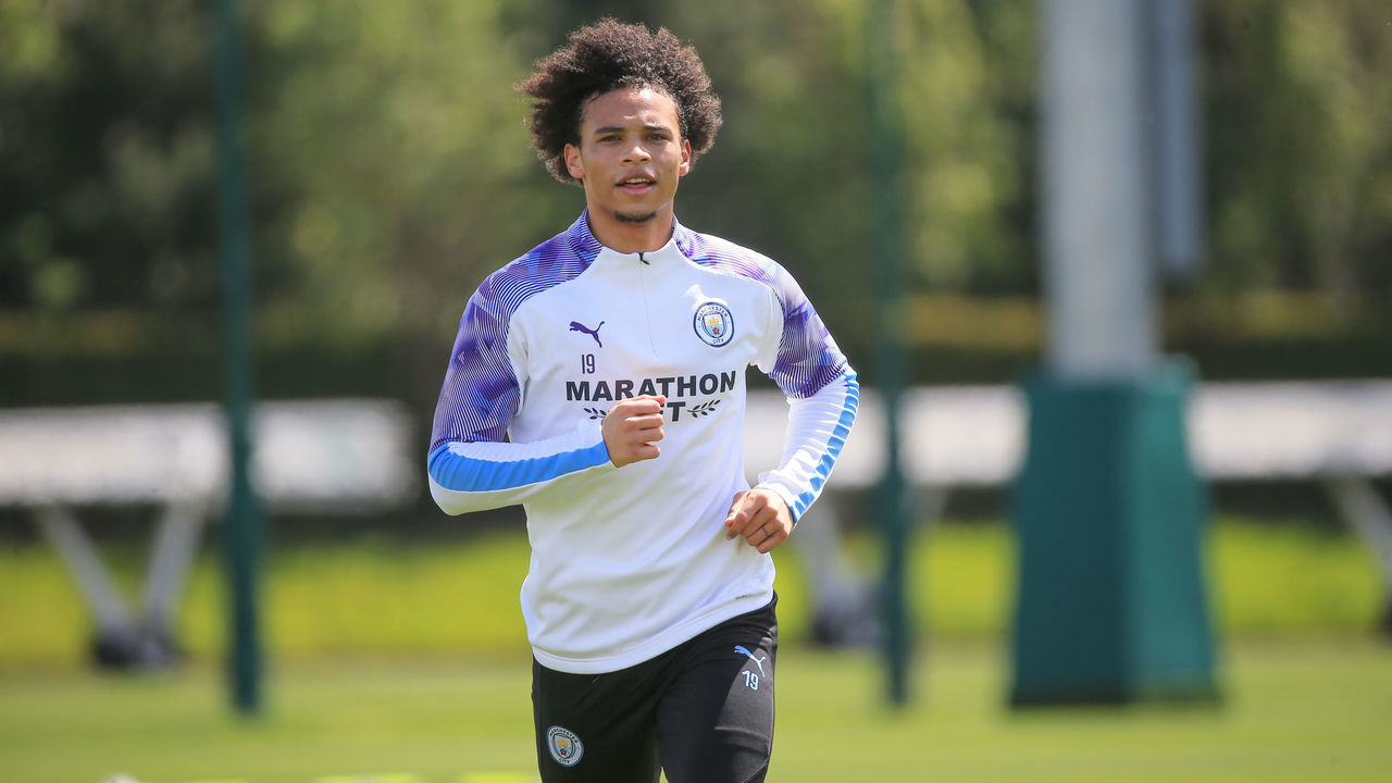 MANCHESTER, ENGLAND - MAY 23: Manchester City's Leroy Sane in action during training at Manchester City Football Academy on May 23, 2020 in Manchester, England.