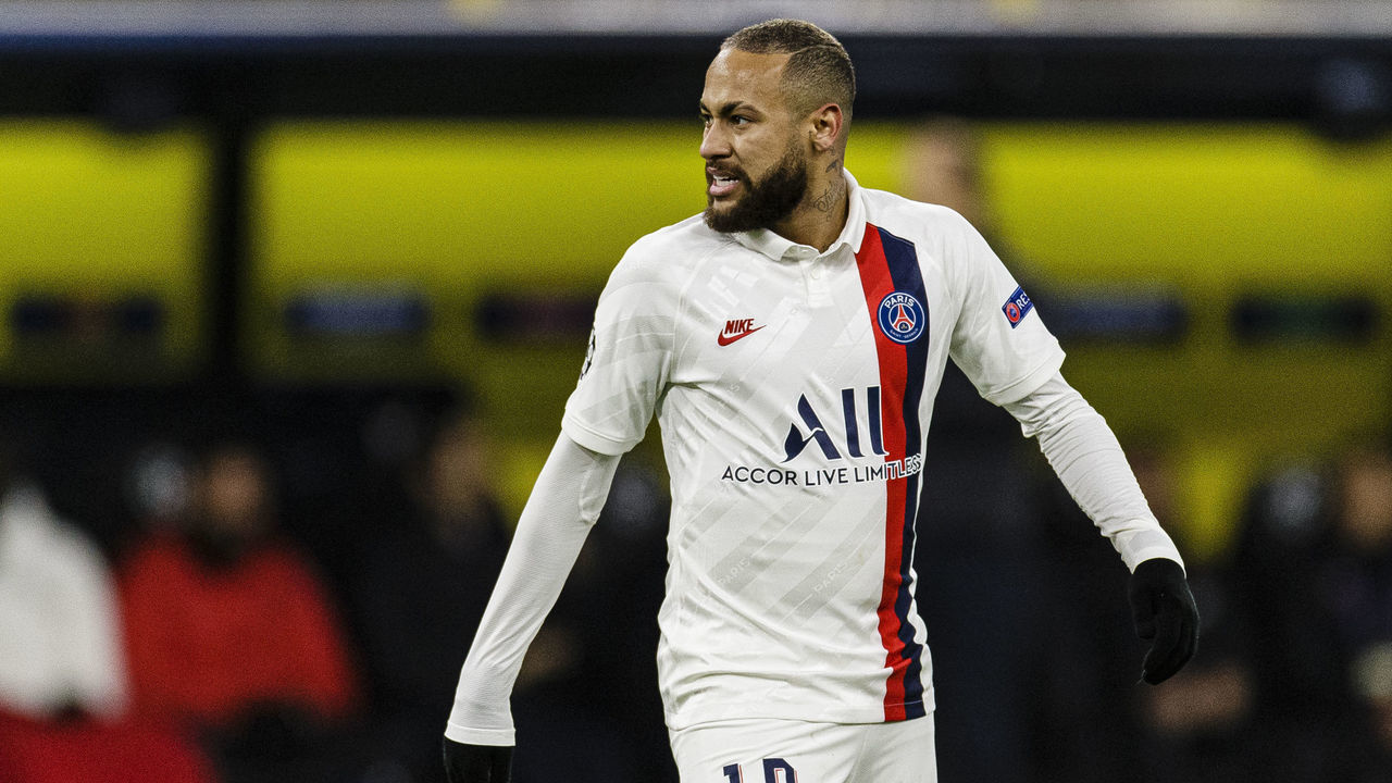 DORTMUND, GERMANY - FEBRUARY 18: Neymar Junior of Paris Saint Germain walks in the field during the UEFA Champions League round of 16 first leg match between Borussia Dortmund and Paris Saint-Germain at Signal Iduna Park on February 18, 2020 in Dortmund, Germany.