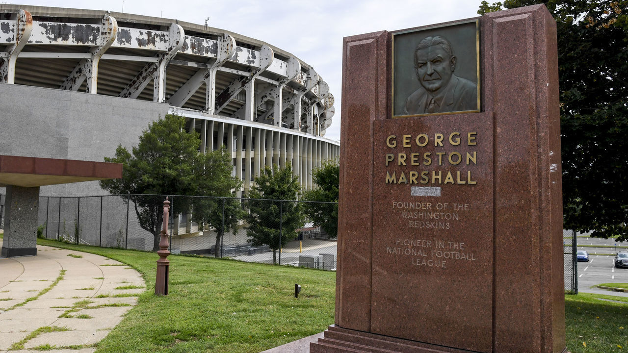 WASHINGTON, DC - SEPTEMBER 5: A monument to the founder of the Washington Redskins, George Preston Marshall in from to the stadium. District officials say they will tear down the dilapidated RFK stadium by 2021, a move they say is driven by a need to save money and not to advance plans for the Redskins to build a new football stadium there. The decision announced Thursday will end the life of the 58-year-old stadium best known for hosting the Redskins during the teams glory years in the 1980s and early 1990s when it won three Super Bowls. Robert F. Kennedy Memorial Stadium opened in 1961 and was home to The Washington Redskins until 1997 and became the temporary home of The Washington Nationals Baseball team in 2005 and the Soccer team D.C. United vacated the stadium after their new Audi Field was completed.