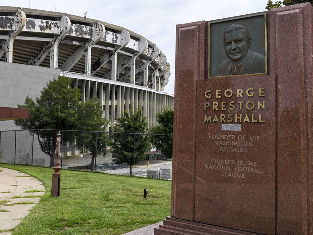 WASHINGTON, DC - SEPTEMBER 5: A monument to the founder of the Washington Redskins, George Preston Marshall in from to the stadium. District officials say they will tear down the dilapidated RFK stadium by 2021, a move they say is driven by a need to save money and not to advance plans for the Redskins to build a new football stadium there. The decision announced Thursday will end the life of the 58-year-old stadium best known for hosting the Redskins during the teams glory years in the 1980s and early 1990s when it won three Super Bowls. Robert F. Kennedy Memorial Stadium opened in 1961 and was home to The Washington Redskins until 1997 and became the temporary home of The Washington Nationals Baseball team in 2005 and the Soccer team D.C. United vacated the stadium after their new Audi Field was completed.