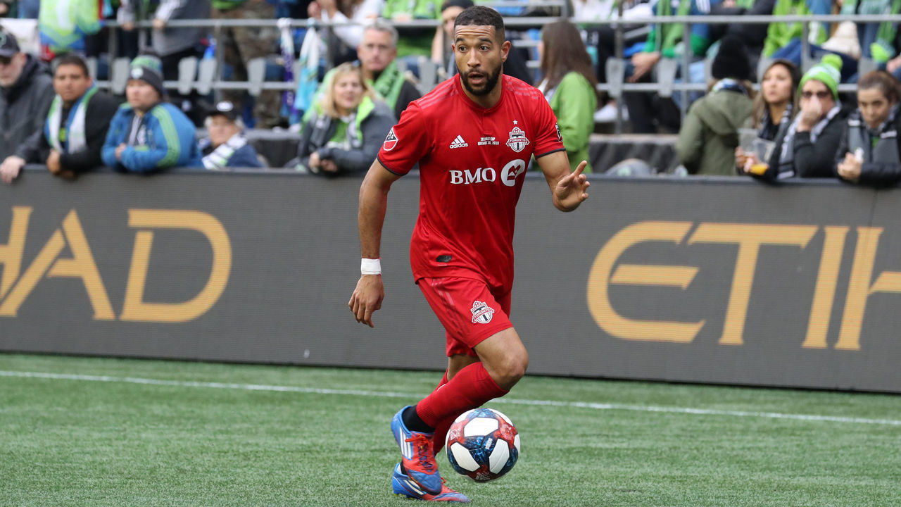 SEATTLE, WA - NOVEMBER 10: Justin Morrow #2 of Toronto FC plays the ball during a game between Toronto FC and Seattle Sounders FC at CenturyLink Field on November 10, 2019 in Seattle, Washington.