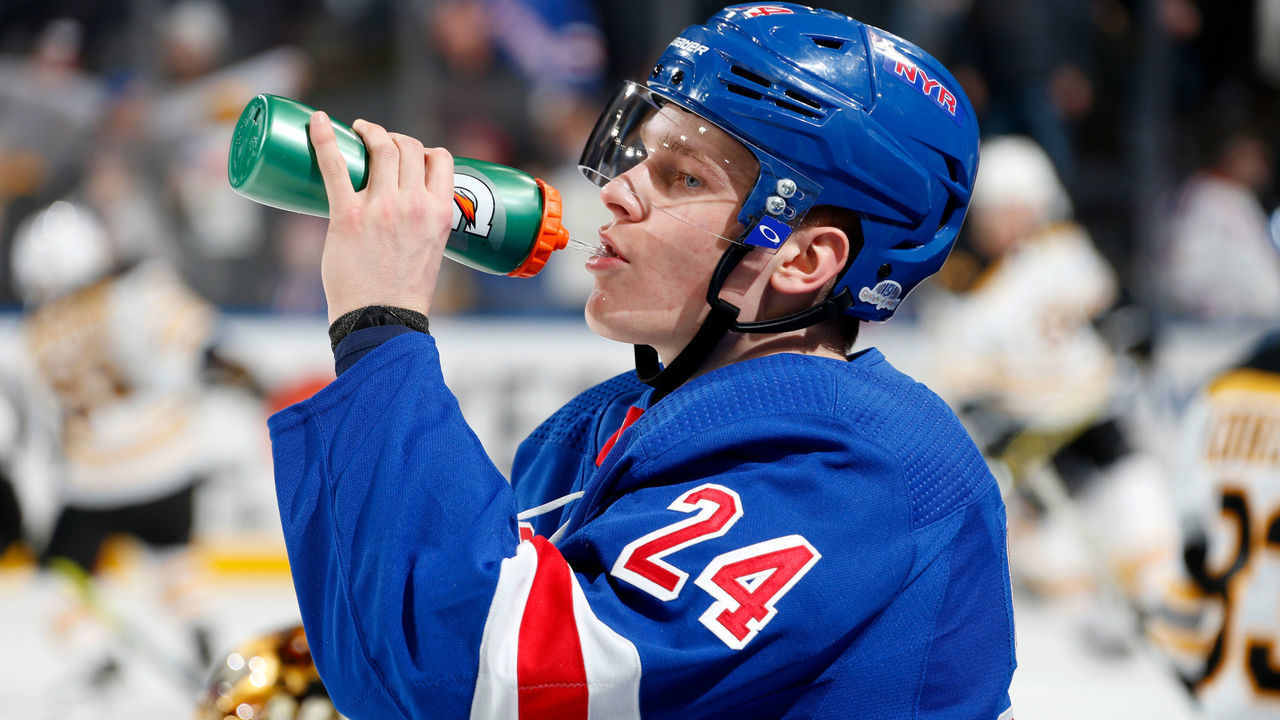NEW YORK, NY - FEBRUARY 16: Kaapo Kakko #24 of the New York Rangers grabs a drink during pre game warmups prior to the game against the Boston Bruins at Madison Square Garden on February 16, 2020 in New York City.