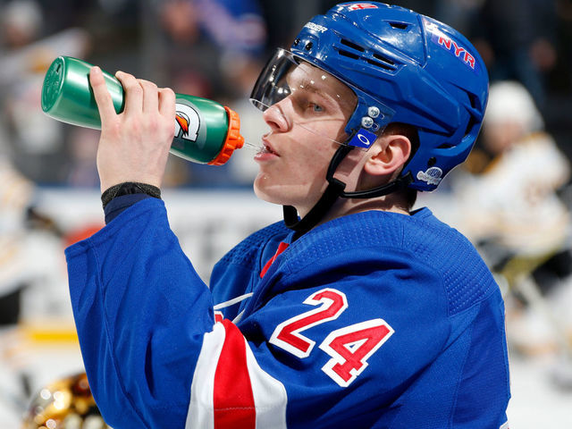 NEW YORK, NY - FEBRUARY 16: Kaapo Kakko #24 of the New York Rangers grabs a drink during pre game warmups prior to the game against the Boston Bruins at Madison Square Garden on February 16, 2020 in New York City.
