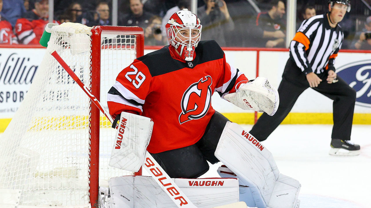NEWARK, NJ - FEBRUARY 20: New Jersey Devils goaltender Mackenzie Blackwood (29) skates during the National Hockey League game between the New Jersey Devils and the San Jose Sharks on February 20, 2020 at the Prudential Center in Newark, NJ.